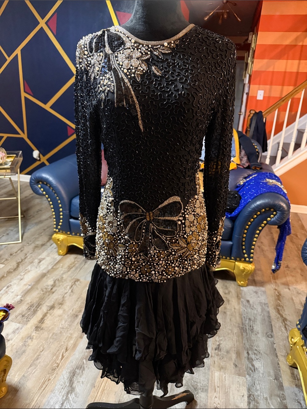 90’s Liza Carr Beautiful Sequin Dress w/ Pearls and Gold and silver detail